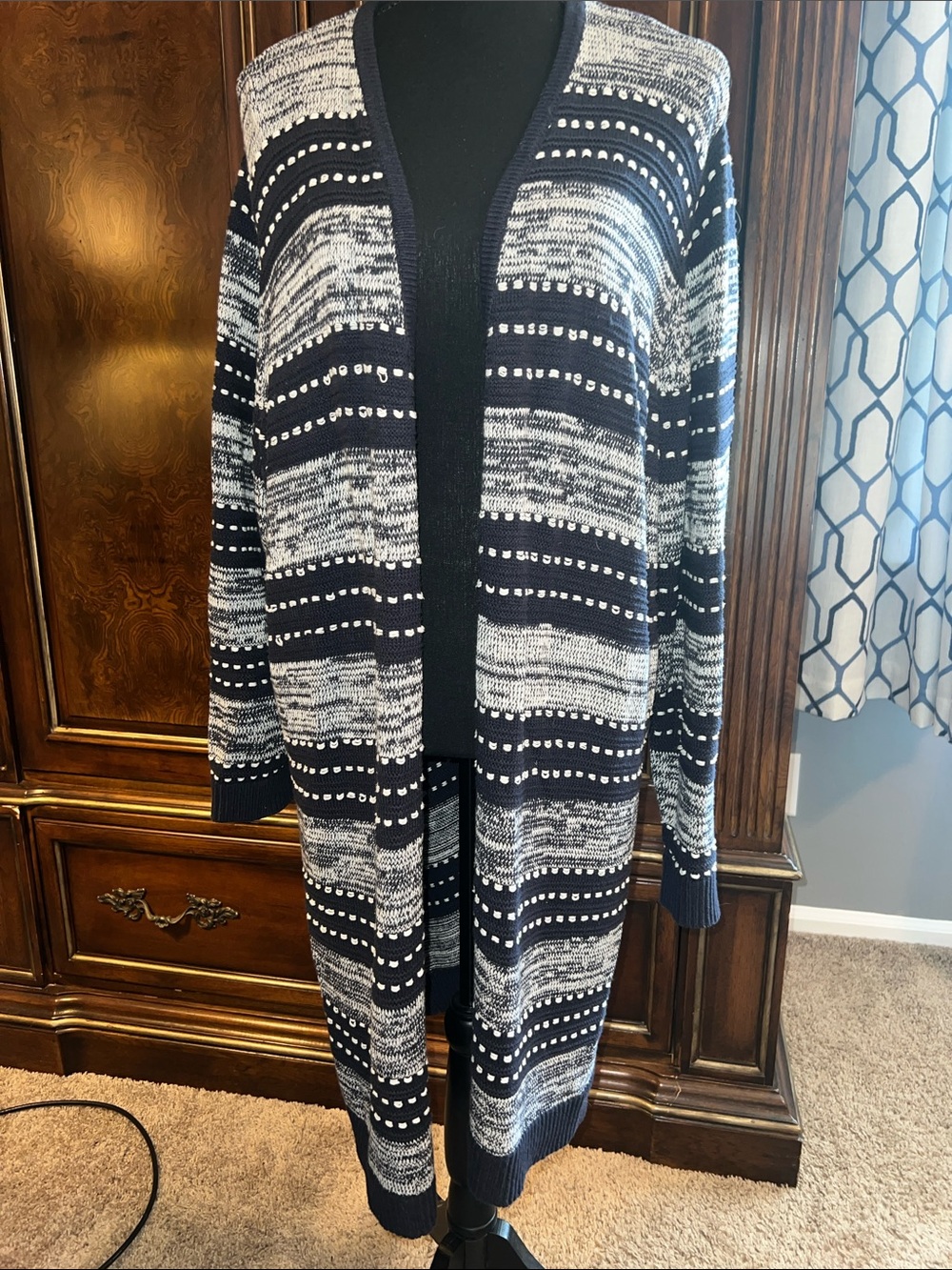 Open-Front Navy & White Striped Cardigan Sweater